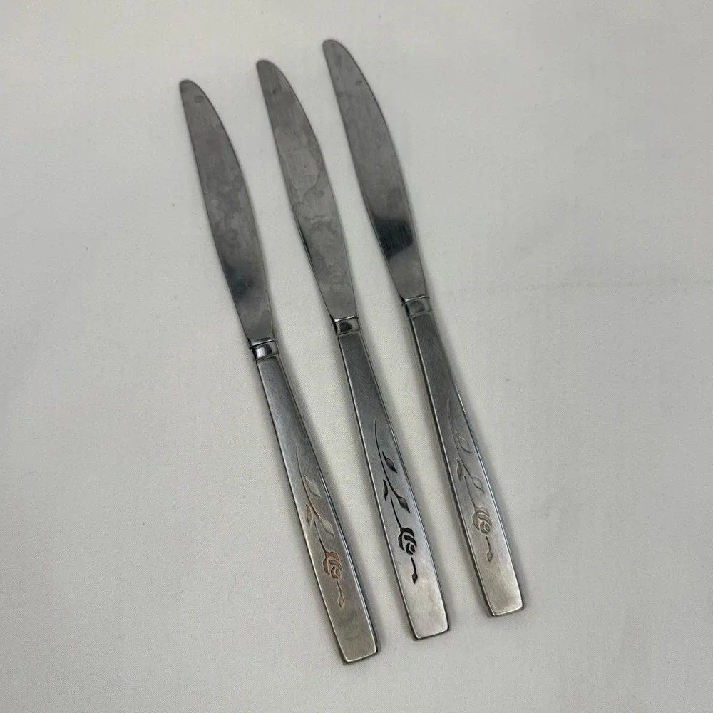 Vintage Stainless Steel Rose Floral Dinner Knives Set of 3 Silverware Flatware